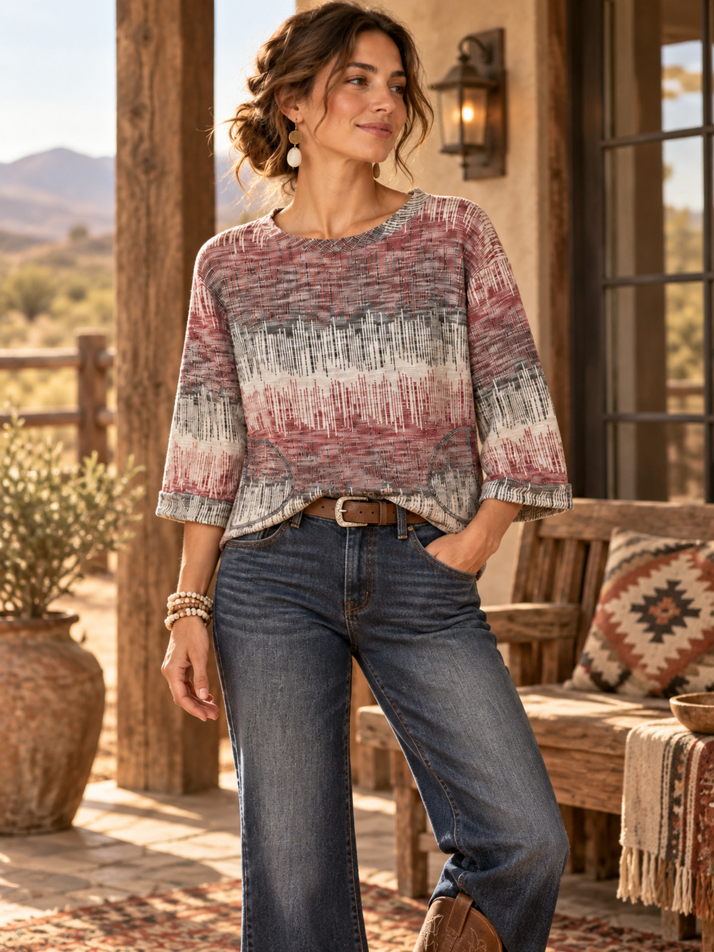 Anthro Postmark Tapestry Print Tunic Top Size M 3/4 Sleeve Boho Western